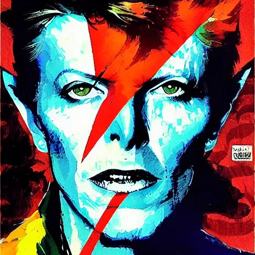 Image similar to David Bowie by Ashley Wood, Yoji Shinkawa, Jamie Hewlett, 60's French movie poster, French Impressionism, vivid colors, palette knife and brush strokes, Dutch tilt