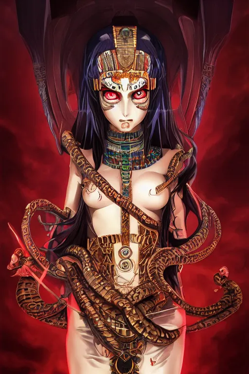 Prompt: a head to upper torso portrait of a smirking necromancer queen cleopatra, detailed beautiful and snake like red eyes, with pyramids and a giant crimson moon with the eye of ra in the background, by tite kubo and guweiz and stanley artgerm, dramatic lighting, manga cover, highly detailed, incredible quality, trending on artstation