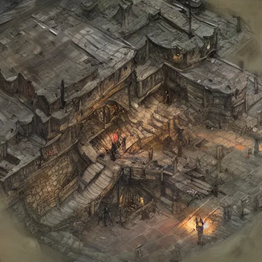 Prompt: top down battle map in a medieval town, drawn by Ruan Jia, fantasy art, dramatic lighting, digital art,highly detailed