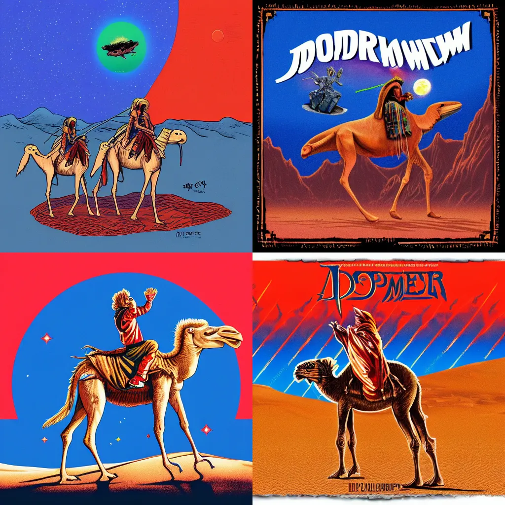 Prompt: arik roper style illustration of 4 cloaked donald trump riding alien camels on the album cover art of dopesmoker by sleep, gouache, mars, brown red blue, donald trump face, paper texture