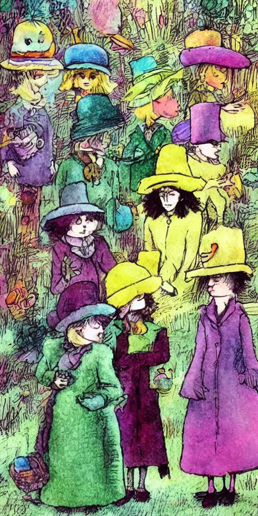 Prompt: an easter parade greeting card scene with women in hats by alexander jansson, joel fletcher, owen klatte, angie glocka, justin kohn, maurice sendak. easter color palette.