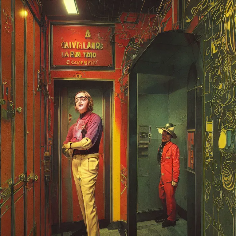 Prompt: low angle octane render portrait by wayne barlow and carlo crivelli and glenn fabry, a sinister man in a bright colorful saturated wes anderson elevator operator costume inside a dark and moody vintage elevator in a high - end exotic vintage boutique hotel, very short depth of field, bokeh