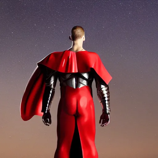 Image similar to tall muscular infantry man in glossy sleek white armor with a few red details and a long red cape, heroic posture, on the surface of mars, night time, dramatic lighting, cinematic, sci-fi, hyperrealistic, movie still