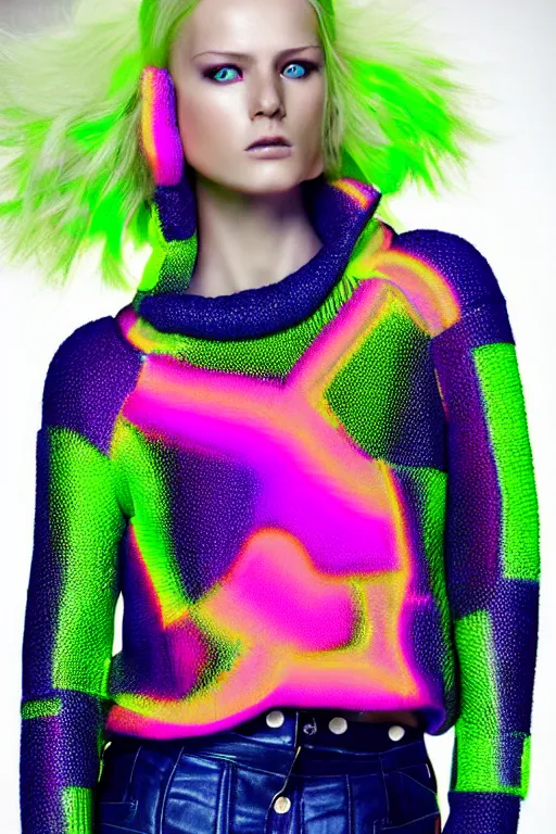 Image similar to stylish pullover for a rave bright colors, many details, photo for a magazine, photo for a store, fashion photography, Vogue, cinematic, hyper realism, high detail, 8k, very coherent symmetrical work, perfect face model, full length photo, Upper and lower body, white eyes, photographer style by Nik Night Erik Madigan Hec and Walter Chin and Camilla Akrans and Miles Aldridge