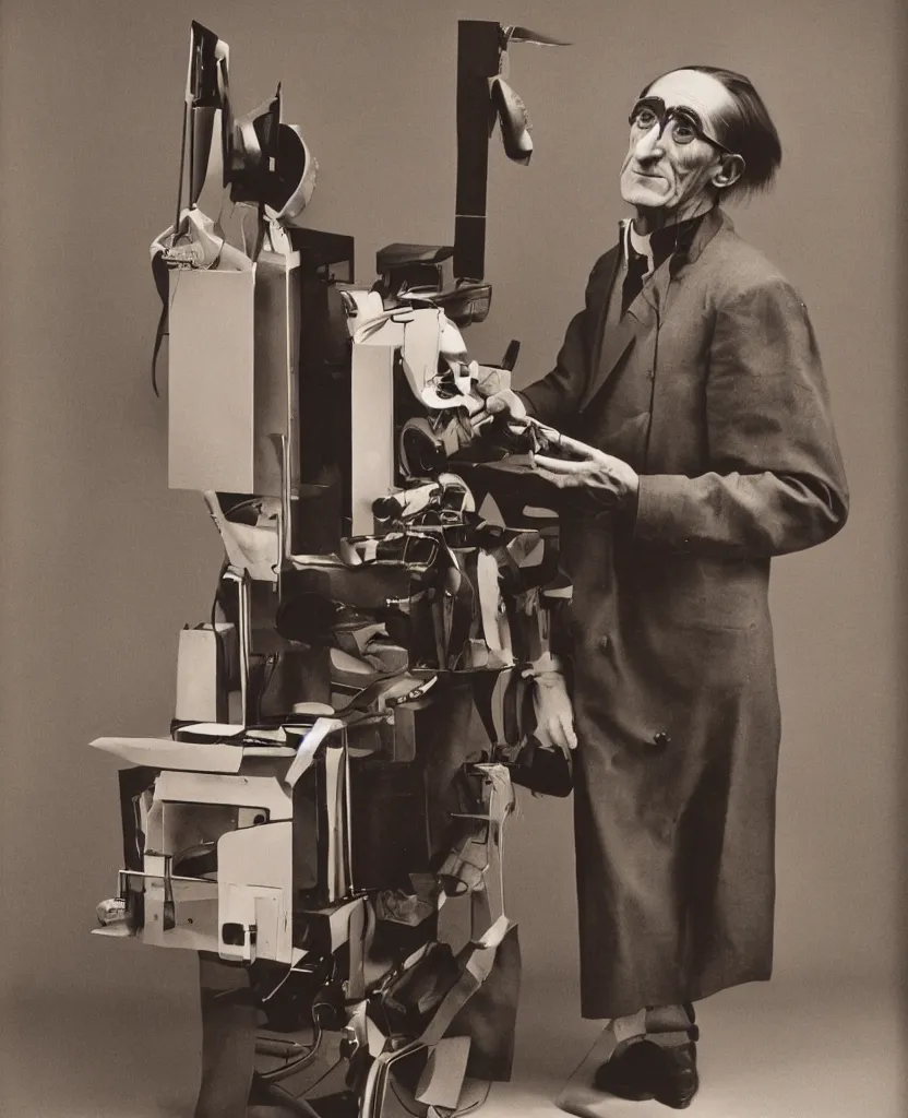 Prompt: Kodachrome portrait of Marcel Duchamp with a technological machine, archival pigment print in the style of Irving Penn, studio shooting, contemporary art
