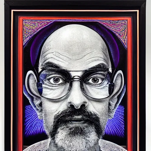 Prompt: portrait of ram dass by Alex Grey and Tokio Aoyama and Pablo Amaringo framed in a very Intricate hand carved wooden picture frame, cinematic lighting, 4k, hyperrealistic, extreme detail