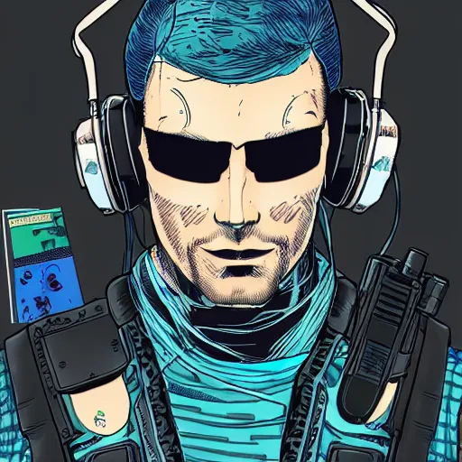 Prompt: male cyberpunk wearing a cyberpunk headset and tactical gear. In style of travis charest and laurie greasley, detailed