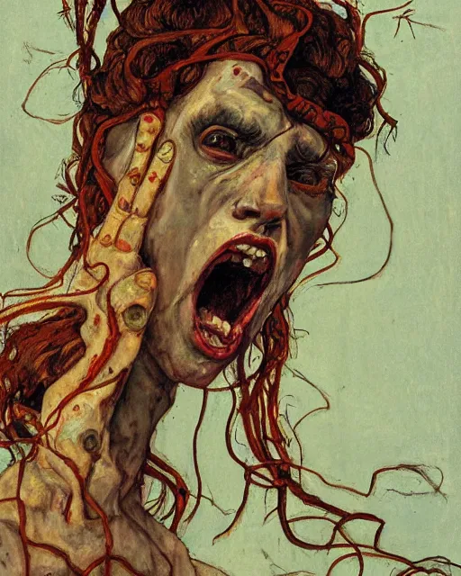 Prompt: portrait of screaming medusa by greg rutkowski in the style of egon schiele