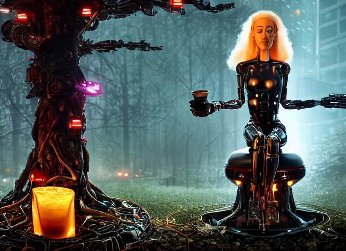 Image similar to photo of an intricate and sophisticated terminator woman with borg enhancements, blonde hair sitting on a giant mushroom in a weird magical mechanical forest and drinking a cup of tea. Very detailed 8k. Fantasy cyberpunk horror. Sharp. Very detailed facial complexion