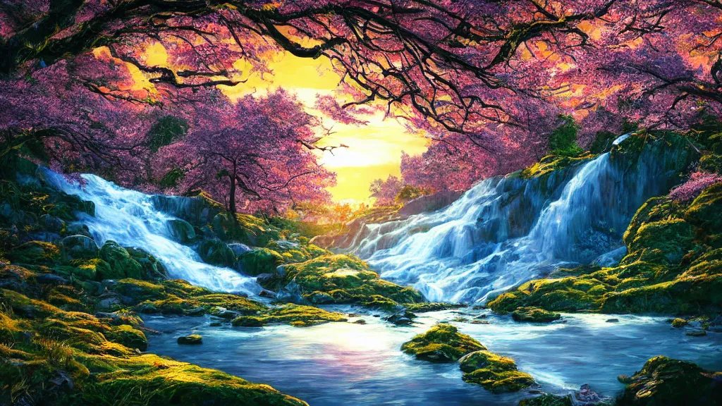 Image similar to featured on artstation cherry tree overlooking valley waterfall sunset beautiful image stylized digital art