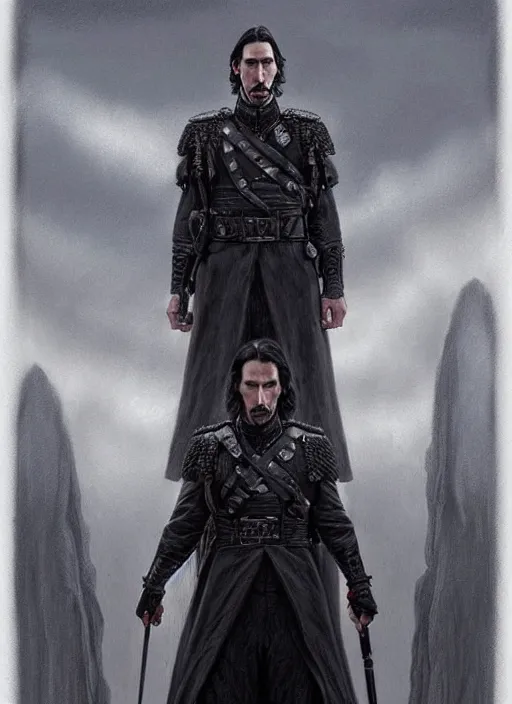 Image similar to a portrait of john oliver standing next to adam driver as in the vigo carpathian painting, stoic, military uniform, fantasy, intricate, beautiful, highly detailed, charcoal, centered, dark, smokey, digital painting, concept art, smooth, sharp focus, illustration, art by artgerm and greg rutkowski