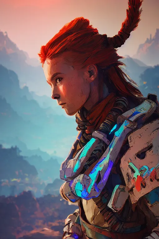 Image similar to combination suit armor aloy horizon forbidden west horizon zero dawn radiating a glowing aura global illumination ray tracing hdr fanart arstation by ian pesty and alena aenami artworks in 4 k tribal robot ninja mask helmet backpack