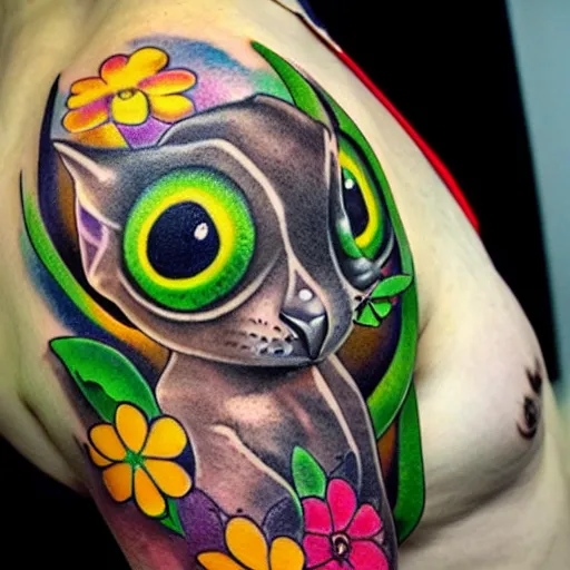 Prompt: shoulder tattoo of a multicolored psychedelic cute bushbaby, eyes are colorful spirals, surrounded with colorful flowers and marihuana leaves, insanely integrate