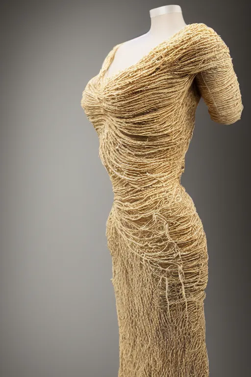 Prompt: A beautiful dress made out of a noodles, on a mannequin. High quality, high resolution, studio lighting