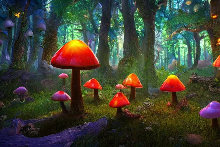 Image similar to An enchanted fantasy forest. Glowing mushrooms. Critters all around. Colorful. Cinematic lighting. Photorealism.