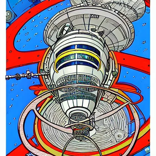 Image similar to space station in the style of Jean Giraud Moebius