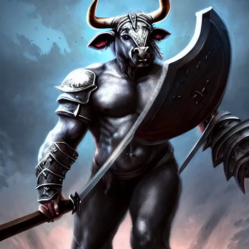 Image similar to epic bull headed minotaur beast in silver heavy armor wielding giant axe, artwork, vivid colors, concept art, greek mythology, detailed, modern design, dark fantasy, digital painting, artstation, d&d