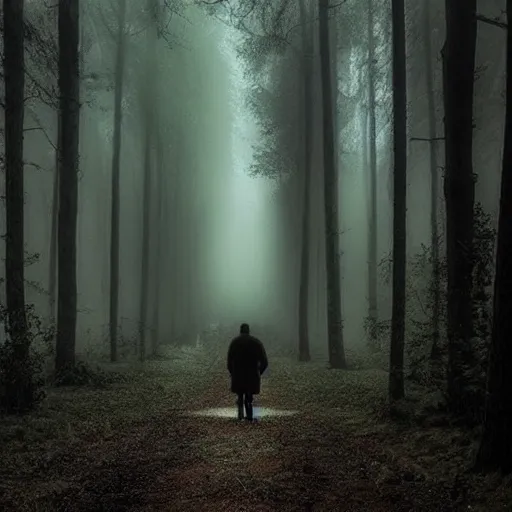 Image similar to God walks alone through the woods at night, gloomy, dark, foggy, night, ominous, dark color, atmospheric, cinematic lighting, intricate detail?