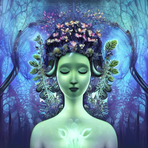 Image similar to glowing delicate flower and mushrooms that grow in a dark fatansy forest on the planet Pandora, an idealistic marble statue with fractal flowery hair in a fractal garden, symmetrical,