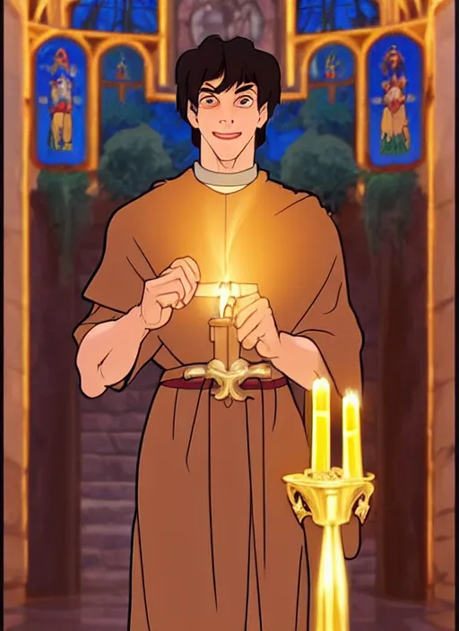 Image similar to muscular kai havertz as a priest wearing robes. holding golden candlestick, in a monestry natural lighting, path traced, highly detailed, high quality, digital painting, by don bluth and ross tran and studio ghibli and alphonse mucha, artgerm