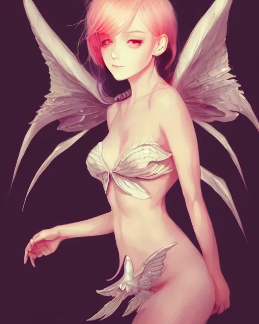 Image similar to 3 / 4 view of a portrait of cute girl with wings, confident pose, pixie, amber of genshin impact, intricate, elegant, sharp focus, illustration, highly detailed, concept art, matte, trending on pixiv, anime, art by wlop, strong fogs,