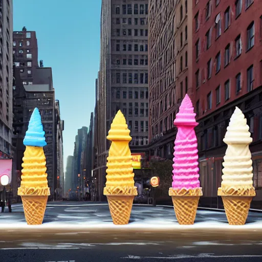 Prompt: a photograph of a giant upended ice cream cone sculpture in the center of a new york street, the ice cream floods the street and a crowd of people stand around it, by Claes Oldenburg, pop art, 3D render, Volumetric dynamic lighting, Highly Detailed, Cinematic Lighting, Unreal Engine, 8k, HD