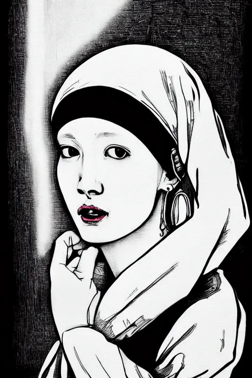 Image similar to beautiful portrait of a woman, negative no not the girl with a pearl earring, highly detailed ink illustration of a narrow neon lit tokyo alley, b & w clean shaped illustration by kim jung gi, ric estrada, ron english and eiichiro oda