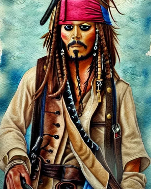 Image similar to portrait of captain jack sparrow, painterly style, matte illustration, watercolour