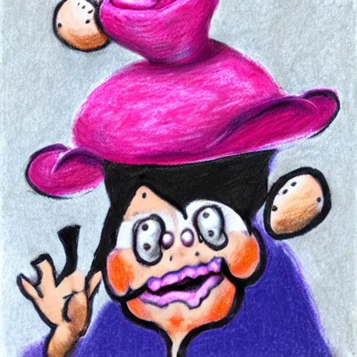 Image similar to Chalk Pastel, crazy cooky old woman, wearing a funny hat, yelling expression, trending on artstation, behance, dribbble