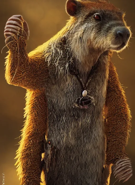 Image similar to detailed full body concept art illustration soft focus oil painting on canvas of an anthropomorphic capybara druid in full intricate clothing, biomutant, dystopian, micro detail, octane render, 4K