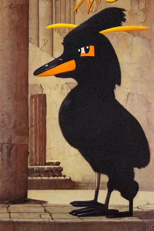 Image similar to a closer personal portrait of daffy duck with very piercing eyes, very charismatic. in the old ancient luxor temple. masterpiece, dark. painted by norman rockwell and james gurney