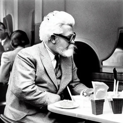 Image similar to An old vintage photograph of Colonel Sanders eating at McDonalds, 4k, highly detailed, photorealistic