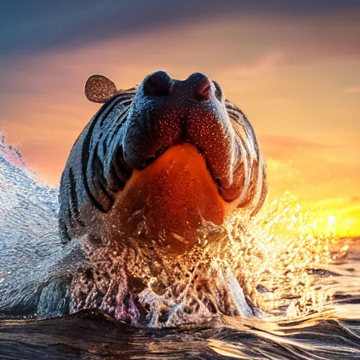 Prompt: a closeup photorealistic photograph of a cute smiling knitted tiger hippopotamus splashing towards a beachball at sunset. surf in background. professional capture. brightly lit scene. this 4 k hd image is trending on artstation, featured on behance, well - rendered, extra crisp, features intricate detail, epic composition and the style of unreal engine.