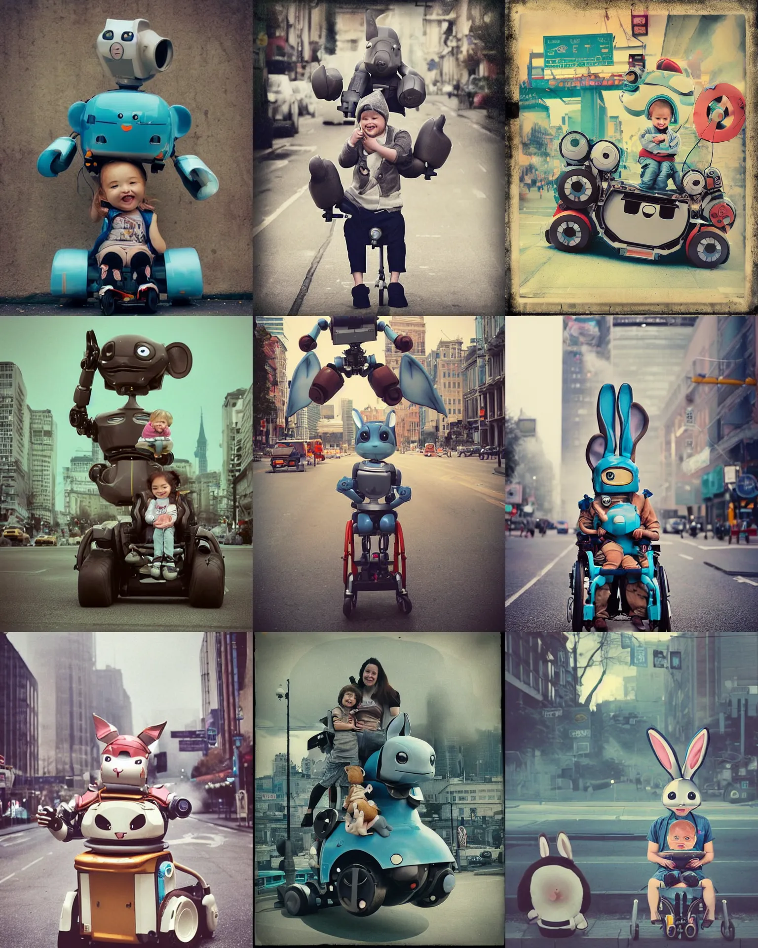 Prompt: cute! epic pose!!! giant oversized battle smiling dolphin robot chubby mech baby sport wheelchair! double decker with giant oversized ears and smiling rabbit babies in sitting pose ,in busy city , full body , Cinematic focus, Polaroid photo, vintage , neutral dull colors, soft lights, foggy mist , by oleg oprisco , by national archives, by discovery channel, by victor enrich , by gregory crewdson