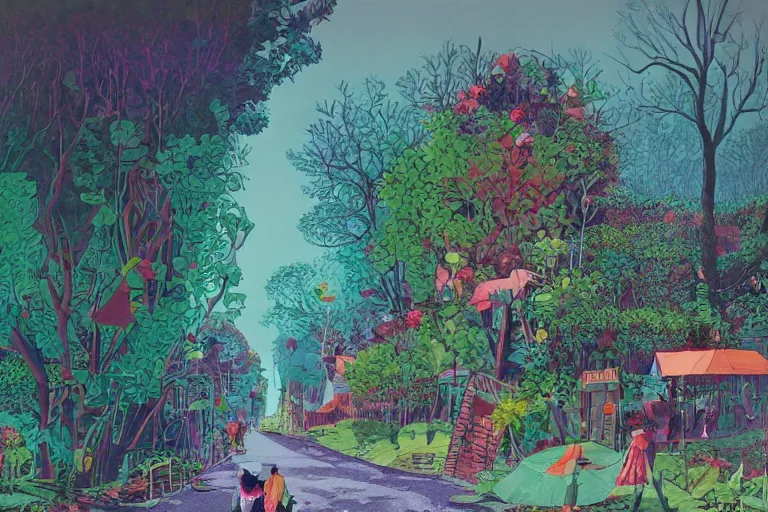 Image similar to surreal glimpse into other universe, jalan - jalan cari makan, summer morning, very coherent and colorful high contrast, art by!!!! gediminas pranckevicius!!!!, geof darrow, floralpunk screen printing woodblock, dark shadows, hard lighting, stipple brush technique,