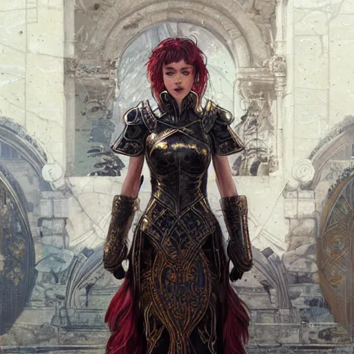 Image similar to portrait knights of Zodiac girl, metallic black and reddish color reflected armor, in ruined Agora of Athens, ssci-fi, fantasy, intricate, very very beautiful, elegant, golden light, highly detailed, digital painting, artstation, concept art, smooth, sharp focus, illustration, art by tian zi and WLOP and alphonse mucha