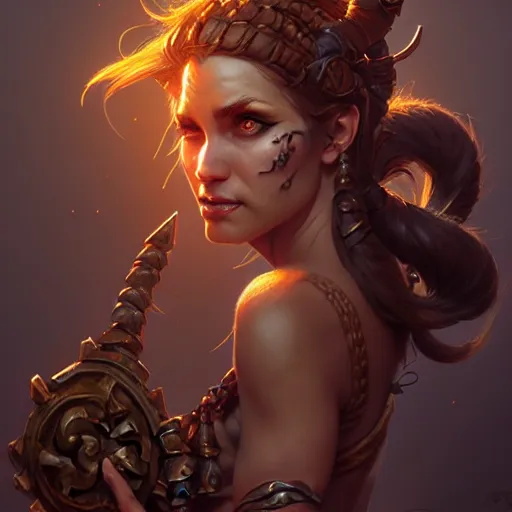 Image similar to barbarian, female, D&D, fantasy, intricate, elegant, highly detailed, digital painting, artstation, octane render, concept art, matte, sharp focus, illustration, hearthstone, art by Artgerm and Greg Rutkowski and Alphonse Mucha