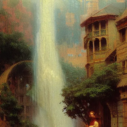 Image similar to waterfall flooding an entire city. victorian age. highly detailed painting by gaston bussiere, craig mullins, j. c. leyendecker