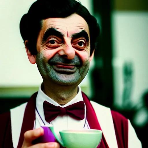 Prompt: close - up of mr. bean joyfully serving you tea at a japanese maid cafe, frilly outfit, soft focus, national geographic, depth of field, 3 5 mm, 8 k, photograph by annie leibovitz