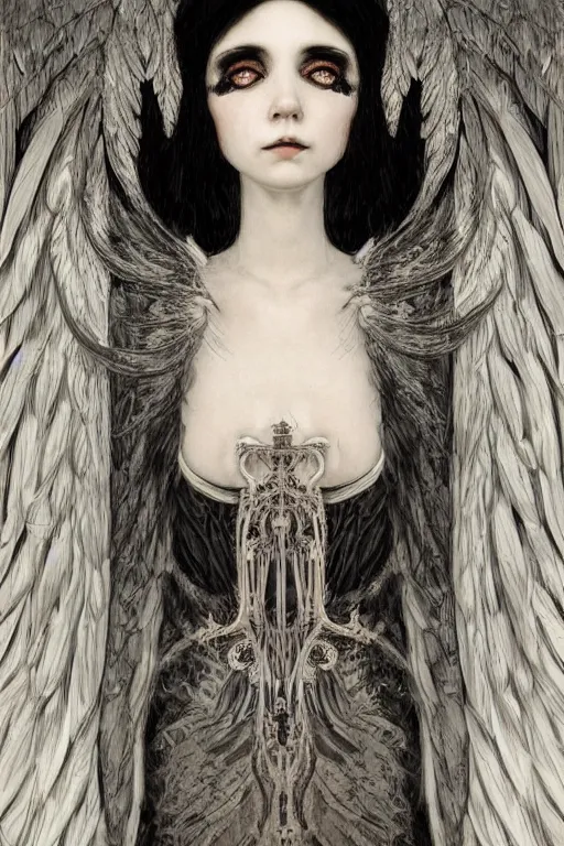 Prompt: portrait of beautiful young gothic angelic maiden, white hairs, cyberpunk, highly detailed, artstation, illustration, art by Gustav Klimt