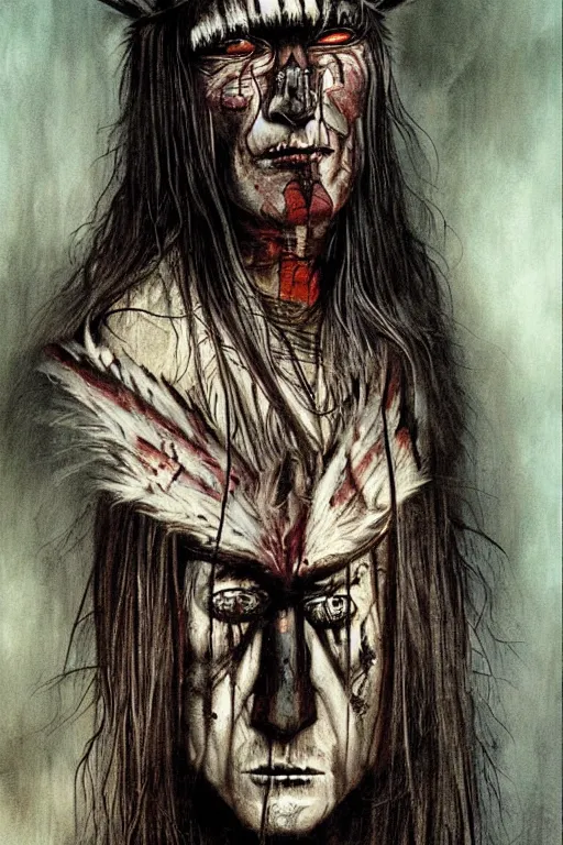 Prompt: mad native american skinwalker artwork by ben templesmith