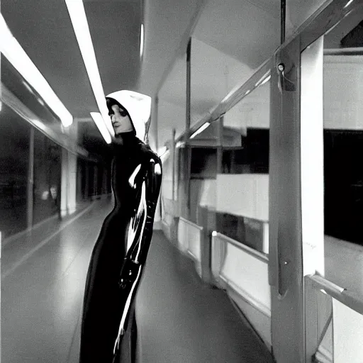 Prompt: a photo of a beautiful woman wearing a plastic hoodie in a futuristic city by lillian bassman