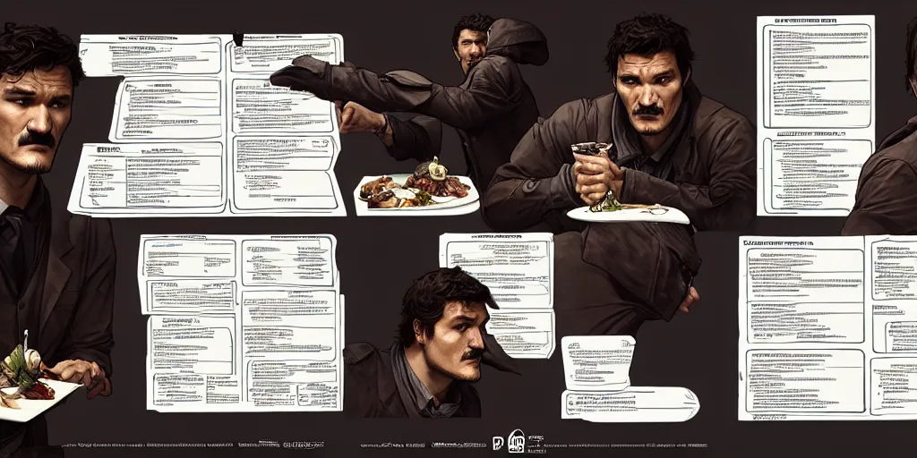 Image similar to pedro pascal eating dinner, character sheet, storyboard, character design, contrast, deep focus, turnaround, highly detailed, dramatic lighting, digital painting, artstation, concept art, matte, sharp focus, illustration, elegant, art by artgerm and greg f and alphonse mucha.