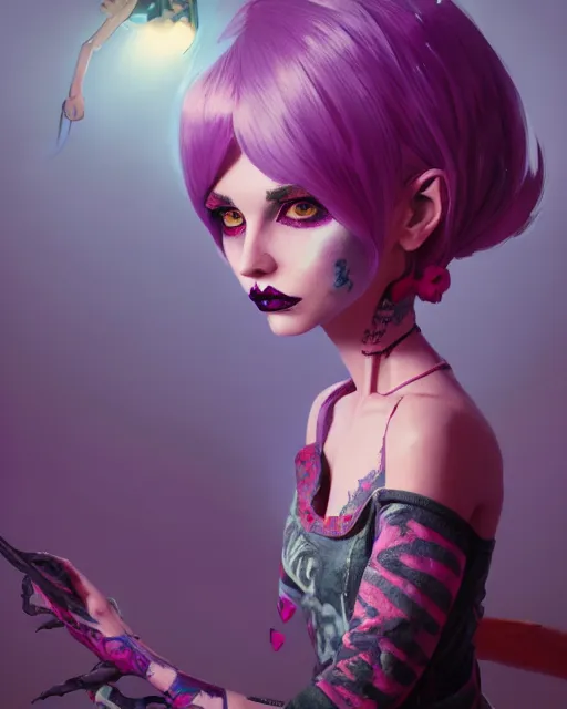 Image similar to portrait of monster high doll, stephen bliss, unreal engine, by greg rutkowski, loish, rhads, makoto shinkai and lois van baarle, ilya kuvshinov, rossdraws, global illumination, radiant light, detailed and intricate environment, pastel lighting