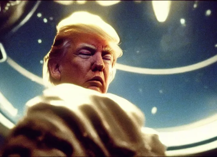 Prompt: screenshot from moody scene of Donald Trump dreaming on a spaceship, scene from the film Contact 1999 film directed by Jodi Foster, kodak film stock, anamorphic lens, 4K, film grain, detailed, stunning cinematography