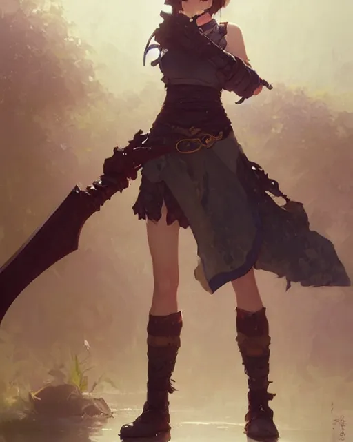 Image similar to cute girl, whitesmith, huge fantasy weapon, mechanical parts, digital painting by krenz cushart, ilya kuvshinov, akihiko yoshida, greg rutkowski, karl spitzweg. sharp focus, highly detailed, intricate background