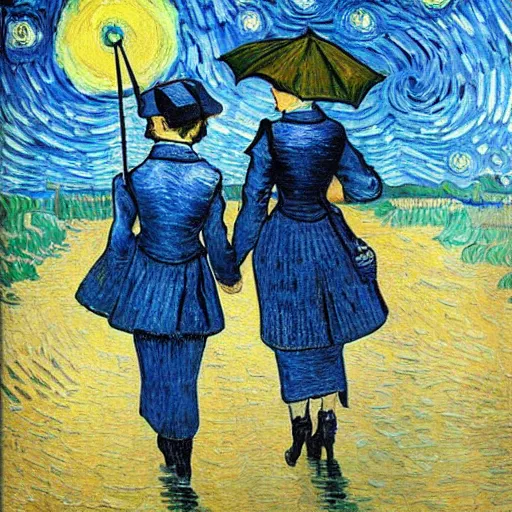 Image similar to girl with an umbrella girl with an umbrella. a walk inside a van gogh painting is a starry night. inside the painting. see everything from the inside. clearly detailed. dramatic.