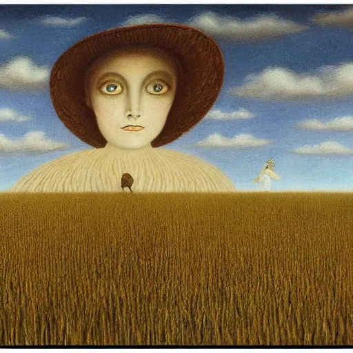 Image similar to by Remedios Varos, a brown haired giantess rising above a field of wheat. Cats are playing. Oil painting, high res, traditional