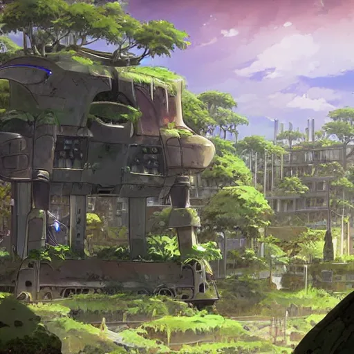 Prompt: A giant batltlemech in city ruins, overtaken by vegetation, in anime style, highly detailed, by Makoto Shinkai and Raphael Lacoste