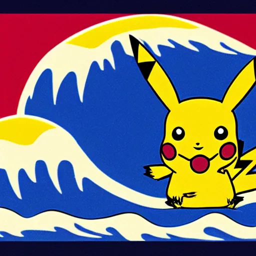 Image similar to pikachu surfing on the great wave